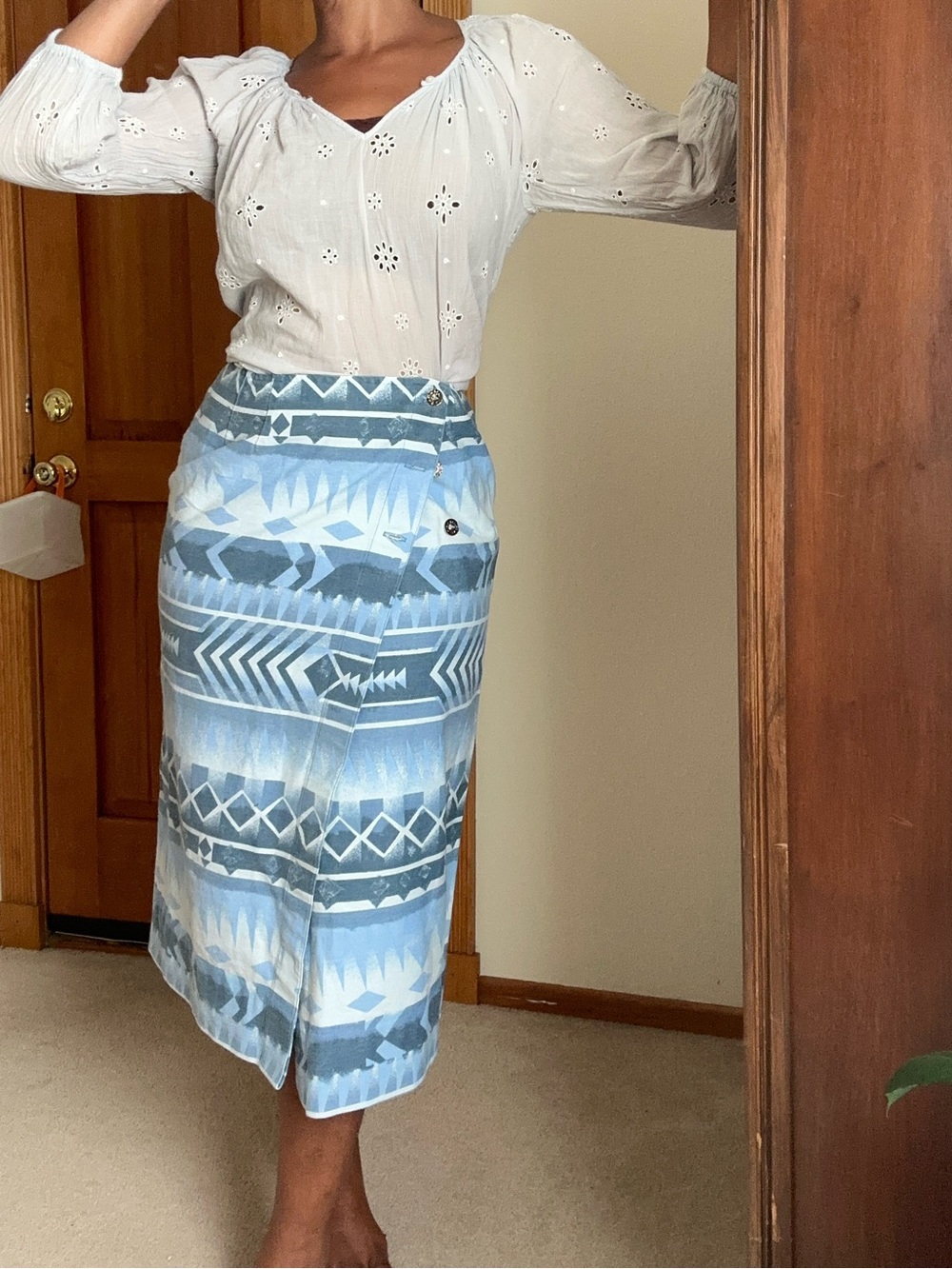 Susan Bristol Blue Patterned Midi Wrap Skirt
